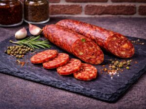 2 aufgeschnittene Mechterstädter Chorizo liegen angerichtet auf einer schwarzen Schieferplatte